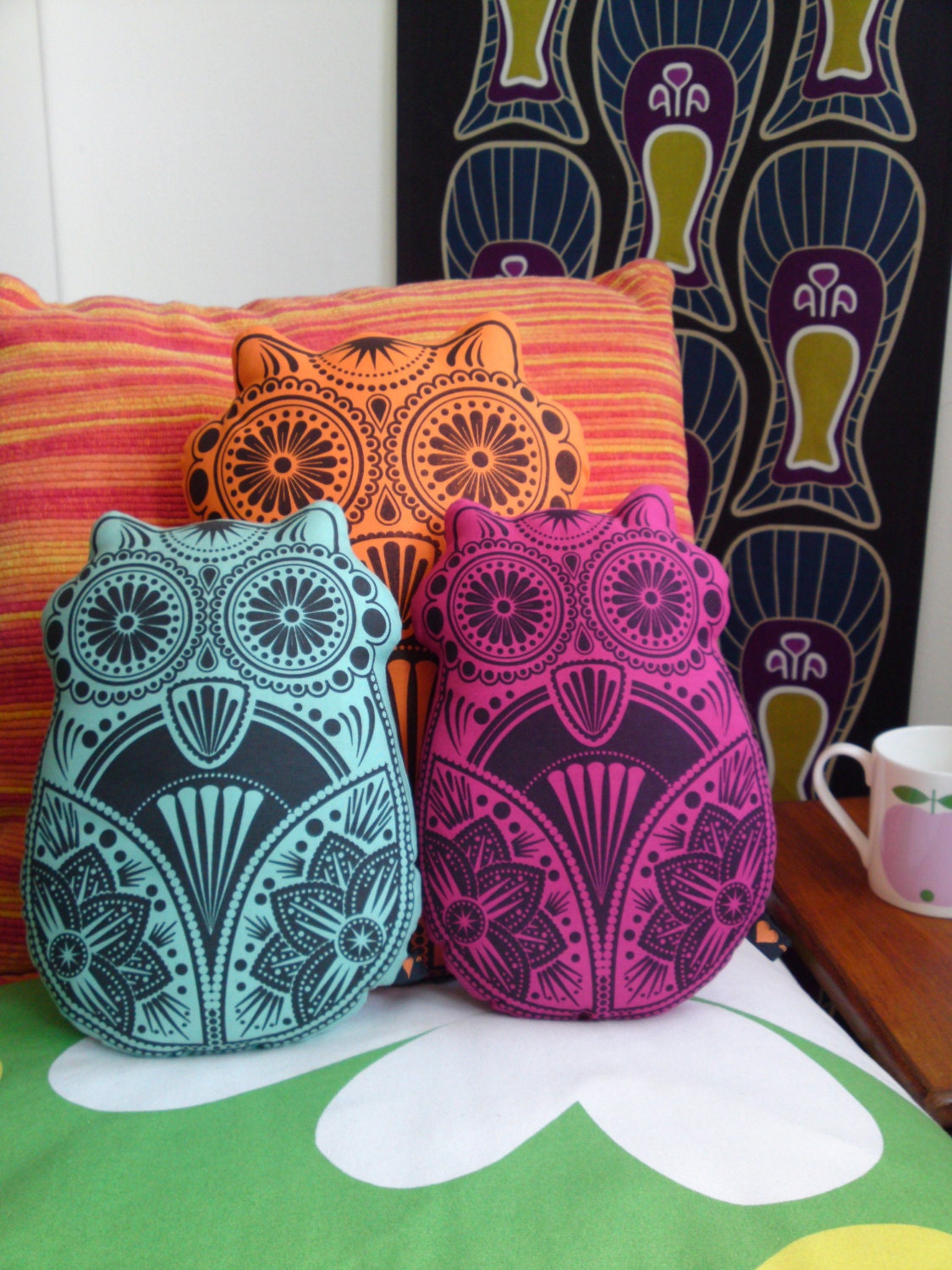 Owl Pillow Cushion Plush Toy Screen Printed Sugar Skull SMALL