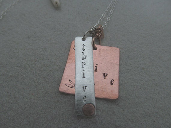 Women's Thrive and Strive Charm Sterling Silver and Copper Necklace