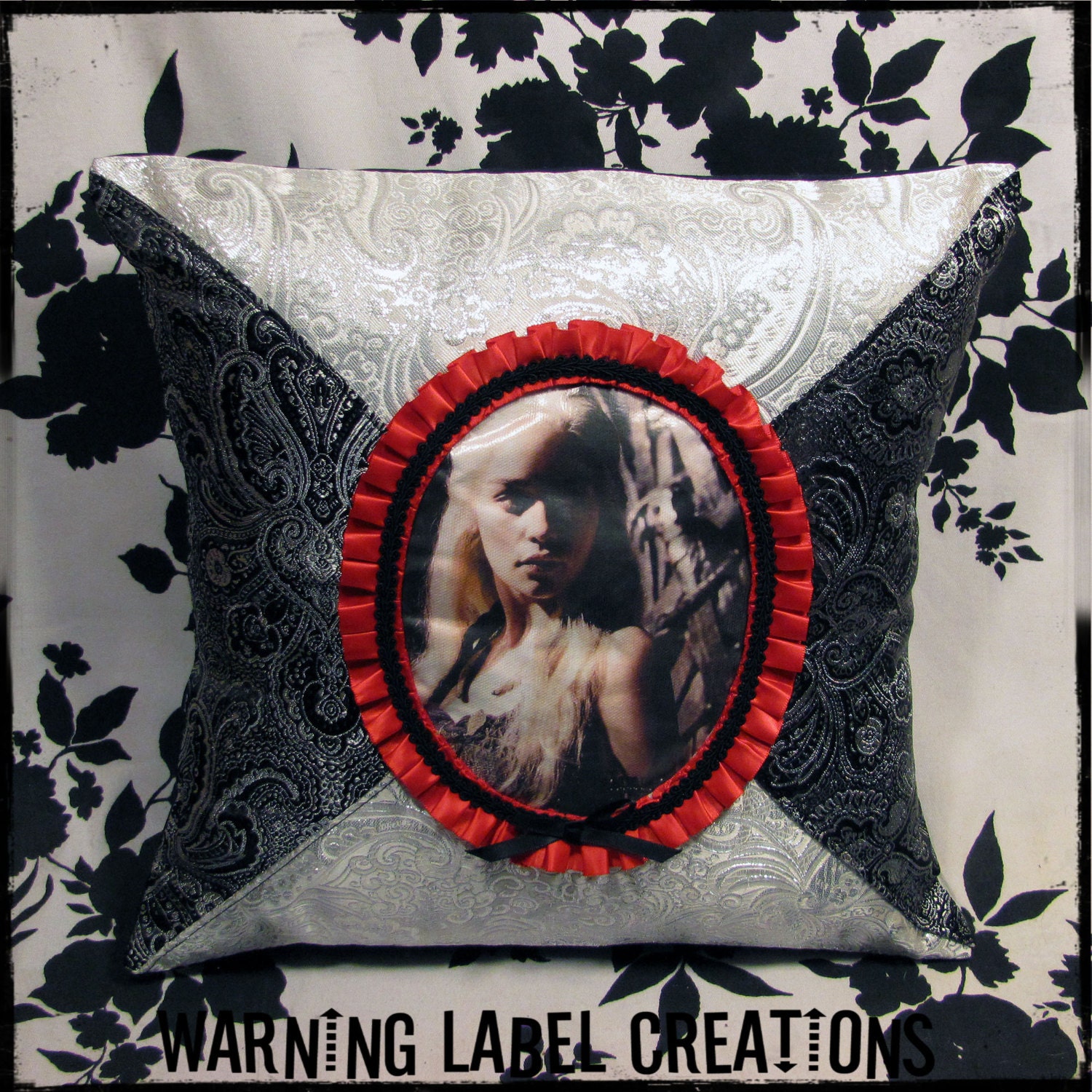 Game of Thrones Daenerys Targaryen Brocade Pillow Cover - Black and White - Warning Label Creations