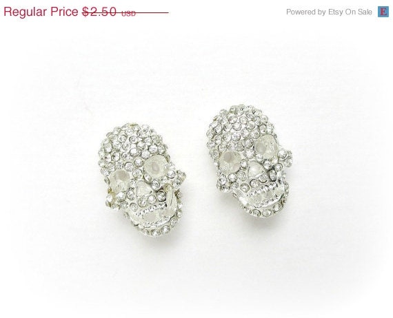 50% OFF SALE 1 Rhinestone Skull Charm, Rhinestone Skeleton, Crystal Skull