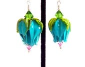 Turquoise Tulip Earrings, Teal Blue Aqua Glass Beaded Flower Earrings, Lampwork Tulip Earrings, Easter  Spring Earrings