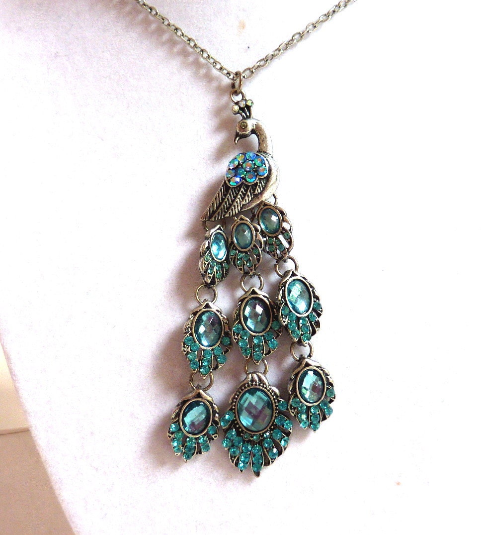 Aqua Peacock Pendant, Blue Topaz Aquamarine Crystal Silver Peacock Pendant Necklace, Statement Peacock Pendant