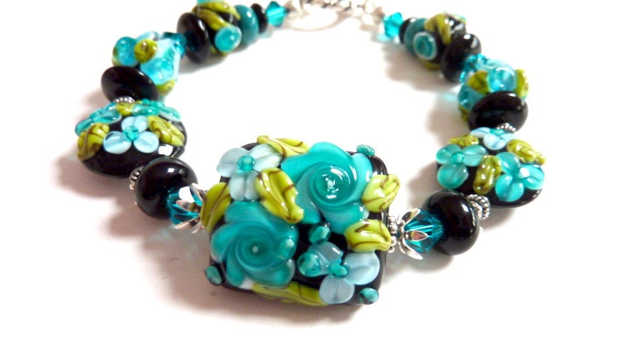 Turquoise Floral Bracelet, Chintz Teal Aqua Green Black Glass Beaded Flower Bracelet, OOAK, Handmade Lampwork, Sterling Silver, Gift for Her