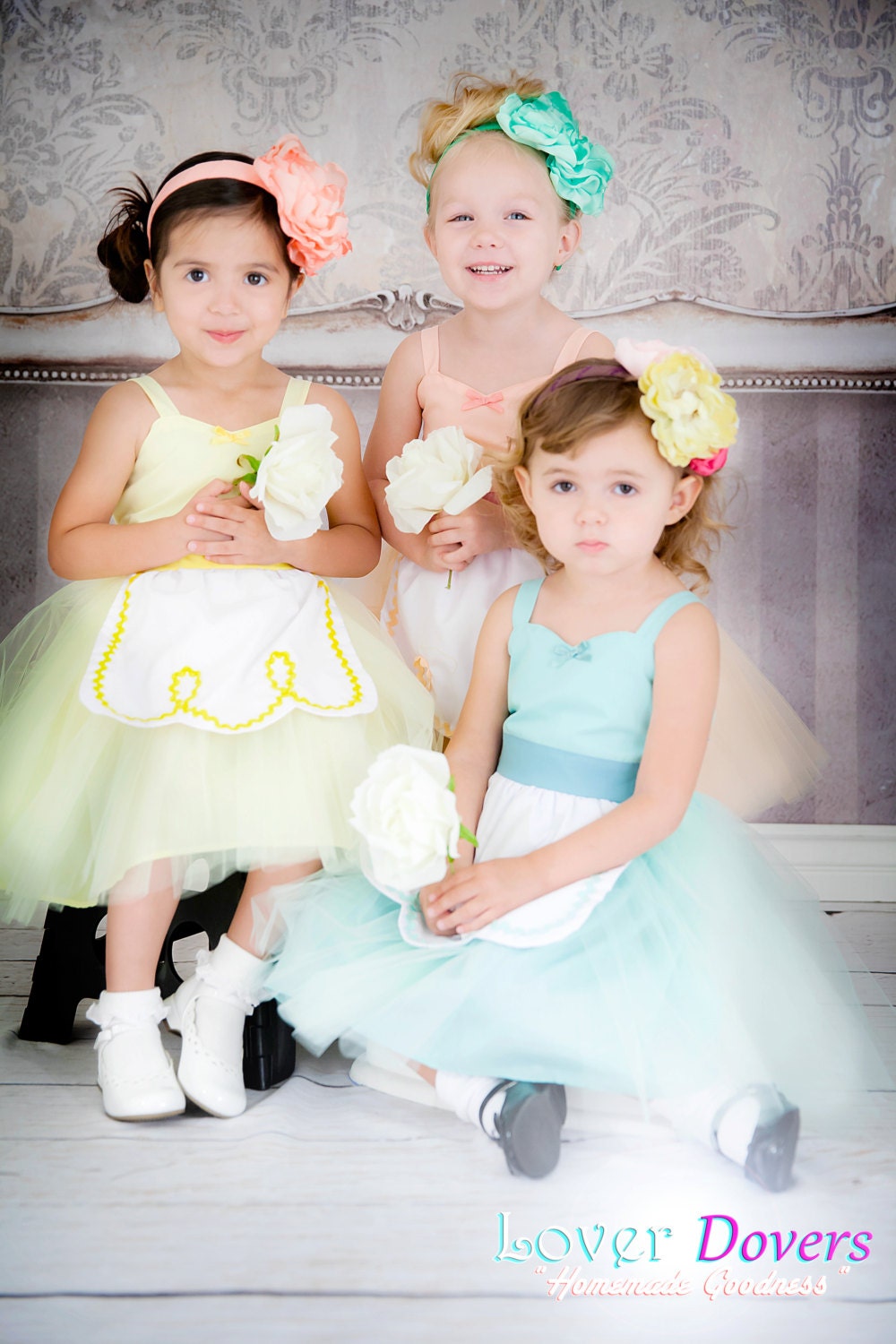 FLOWER GIRL tutu dress retro Apron dress for girls for tea party handmade wedding in mint green yellow and peach