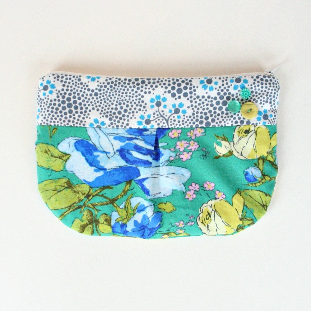 Small Pleated Clutch Zippered Pouch Organic Cotton Bright Green Chartreuse Blue Roses Amy Butler