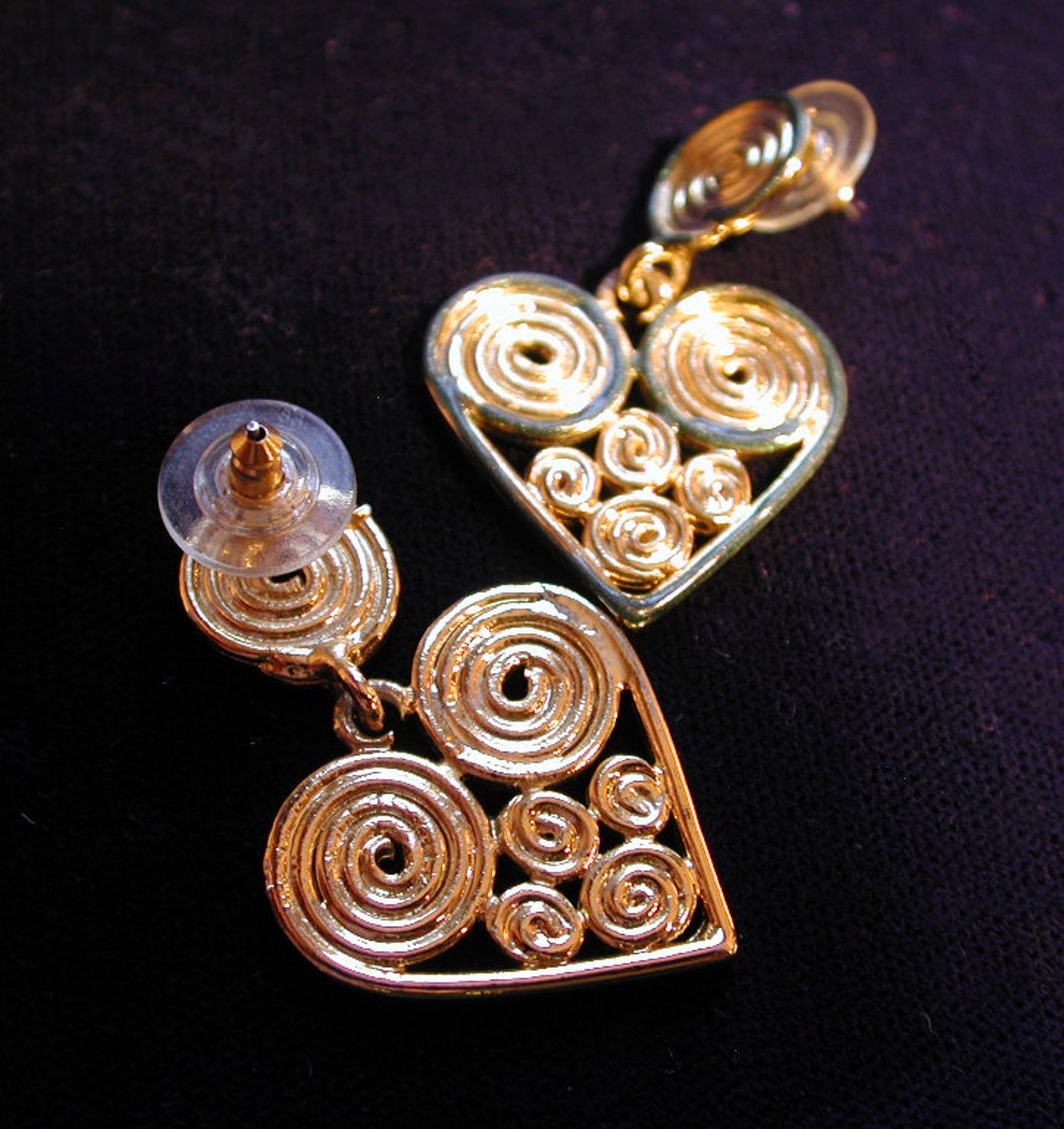 80s Heart Earrings Spirals Metal Dangly for Pierced Ears