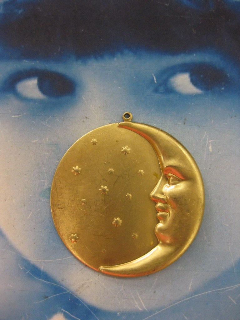 Natural Raw Brass Large Crescant Moon and Star Pendant Charms 166RAW  x1