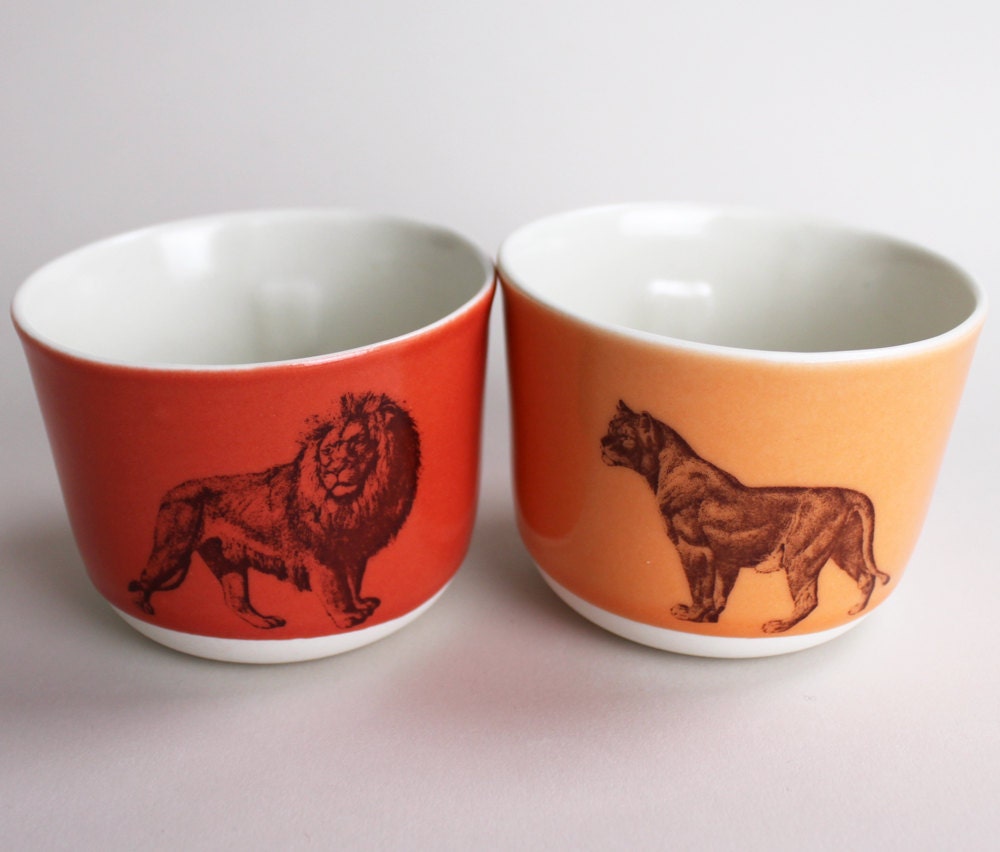 L is for lion & lioness wee tea cups in cranberry red and  orange