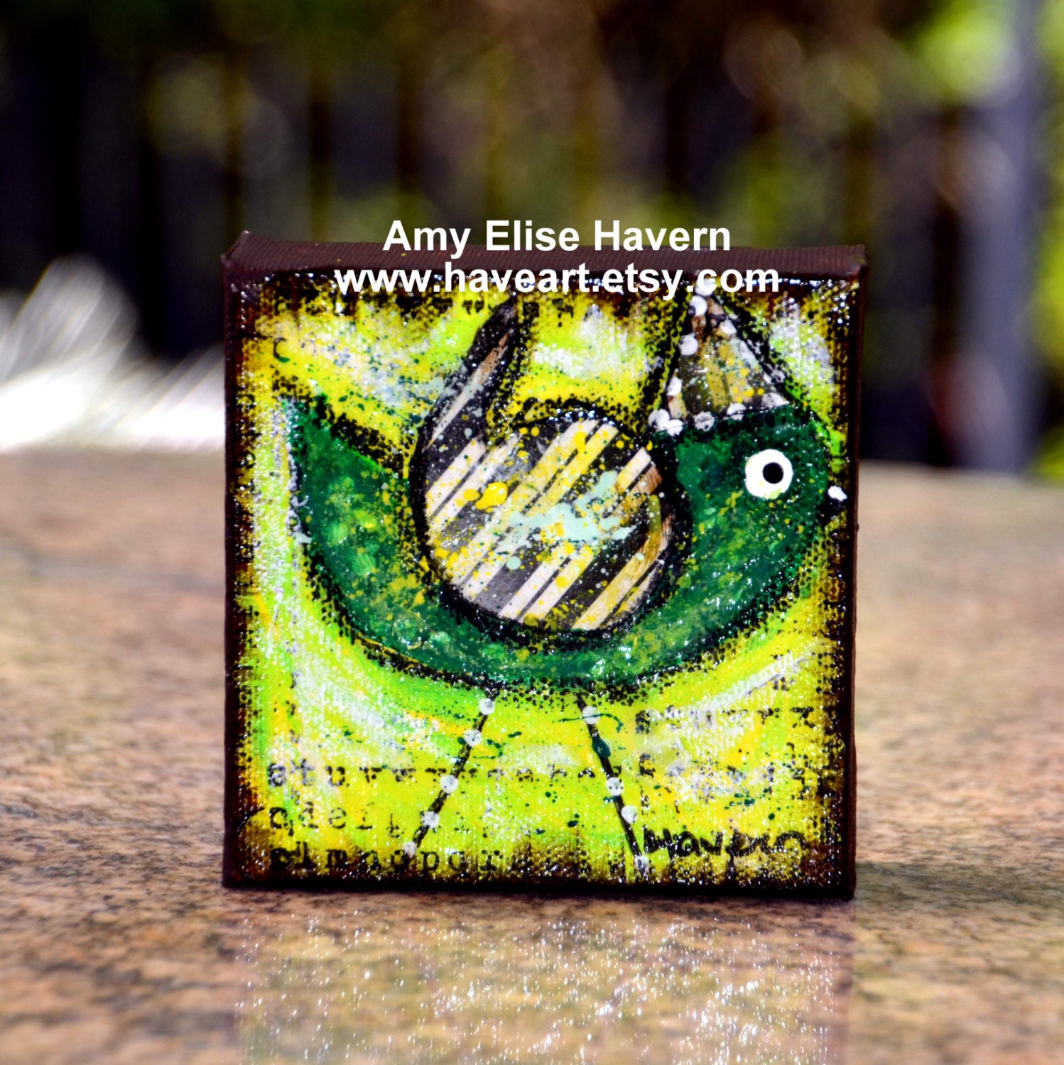 Mixed Media original little green bird 4x4