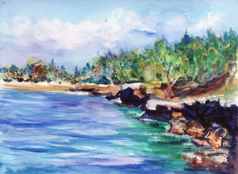 Mahaulepu Heritage Trail Original Watercolor Beach Painting from Kauai Hawaii by Marionette