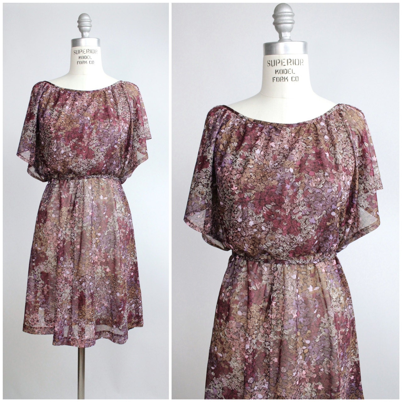 Vintage Flutter Sleeve Floral Print Belted Dress / 1970s Light and Airy Summer Dress / xs