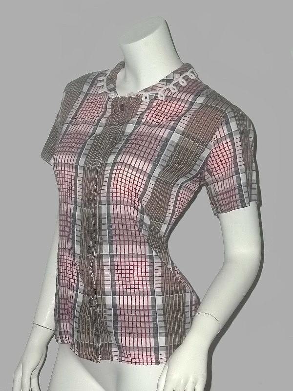 Novelty LOOPY COLLAR Vintage 50's Rockabilly Plaid Blouse M