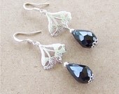 Art Nouveau Silver Earrings Swarovski Teardrop Black Crystal Beads