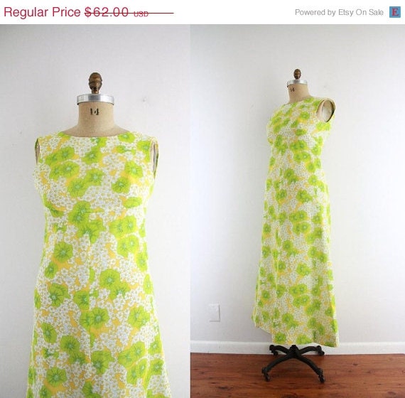 50% off Shop Closing Sale Vintage Floral Maxi Dress . 70s 1970s . Lemon & Lime . Sundress . Small