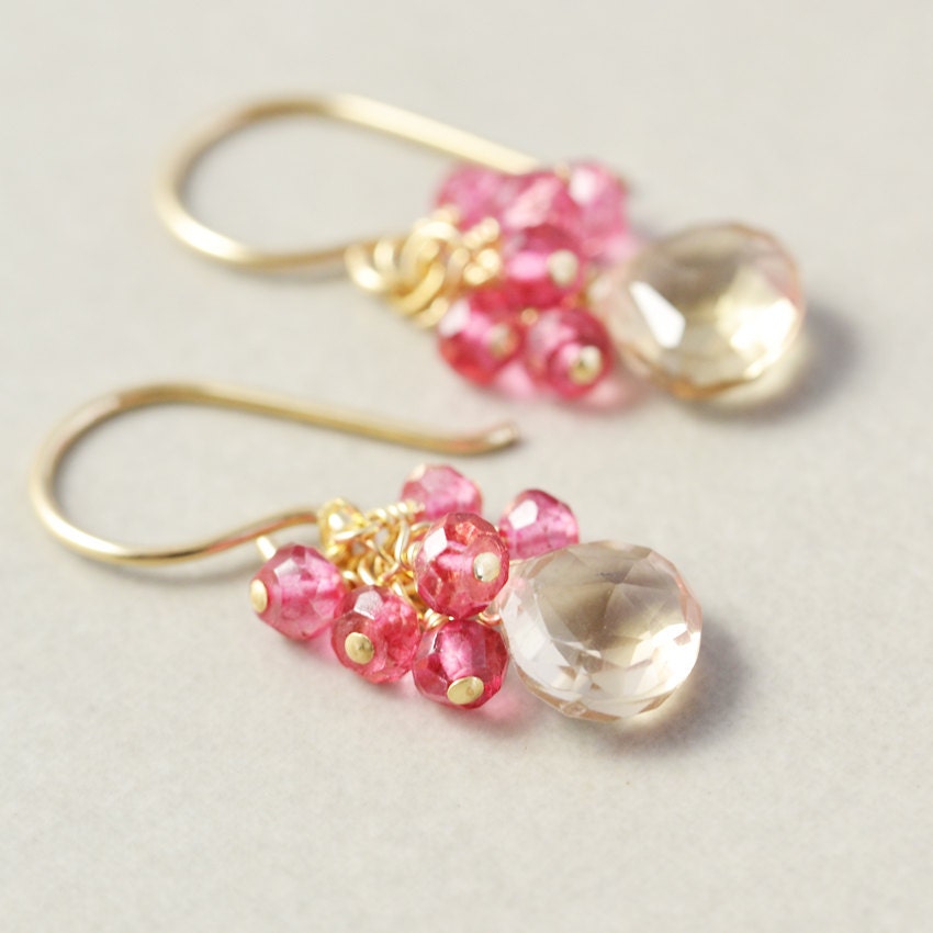 Yellow Quartz Earrings, Pink Topaz Cluster Earrings, Champagne Drop Earrings, Bridesmaid Gift