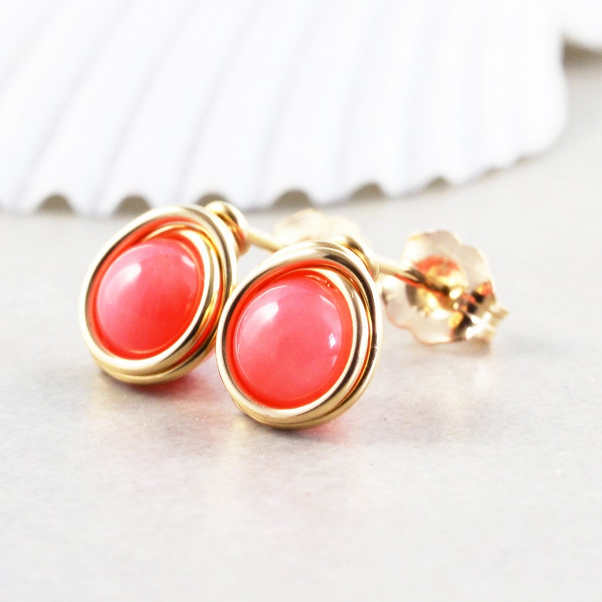 Coral Studs, Pink Salmon Posts, Coral Post Earrings, Bridesmaid Gift