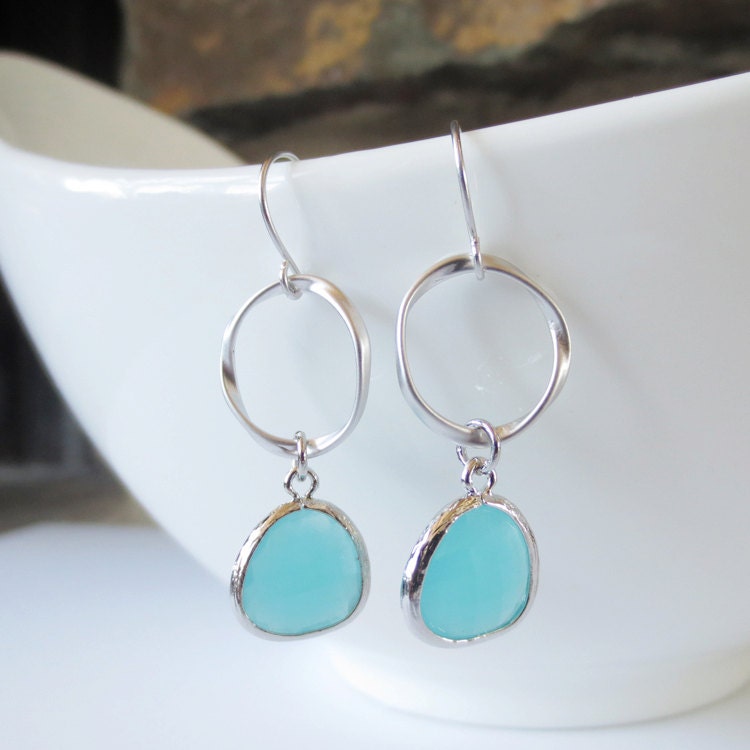 Sparkle Hoop Drop Earrings, Dangle Earrings, Hoop, Wedding Jewelry, Bridesmaid, Bride, Silver, Blue, Turquoise, Valentine Gift