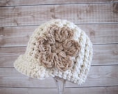 Crochet Baby Hat, Baby Newsboy Hat, Baby Girl Hat, Infant Girl Hat, Girl Newsboy Hat, Ecru, Baby Flower Hat