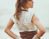 STEAMPUNK BRIDE BLOUSE - burlesque shirt  - High fashion Cabaret couture Wedding - Off white Cream - Modern Babydoll - Size xs: Rt-Ow-1