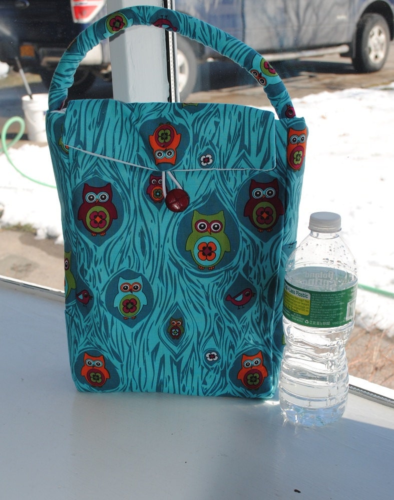Handmade Reusable Lunch Bag Turquoise Owls Insulated Picnic Sack Pouch
