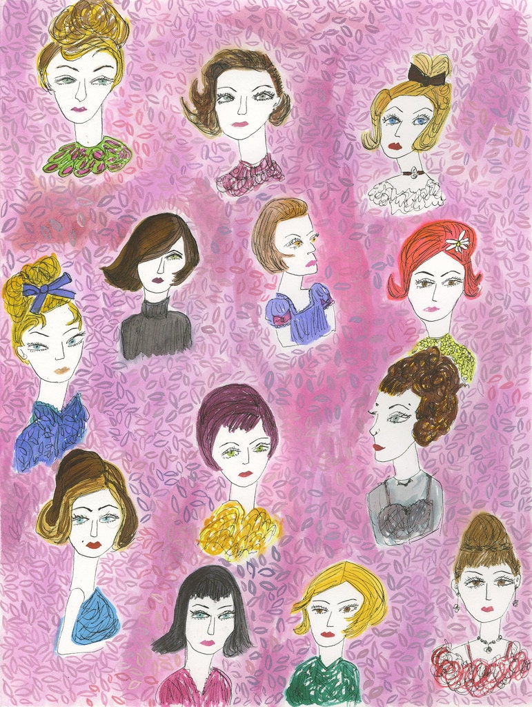 Couture Coiffures.   Original watercolor painting by Vivienne Strauss.
