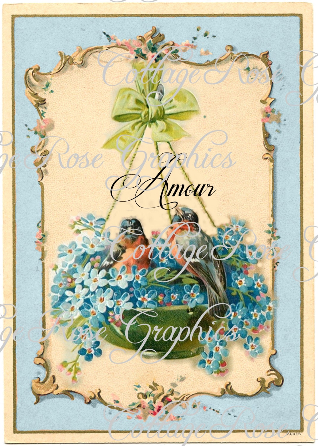 French AMOUR  blue birds in a basket  vintage shabby cottage Large digital download ECS buy 3 get one free perfect for VALENTINES day