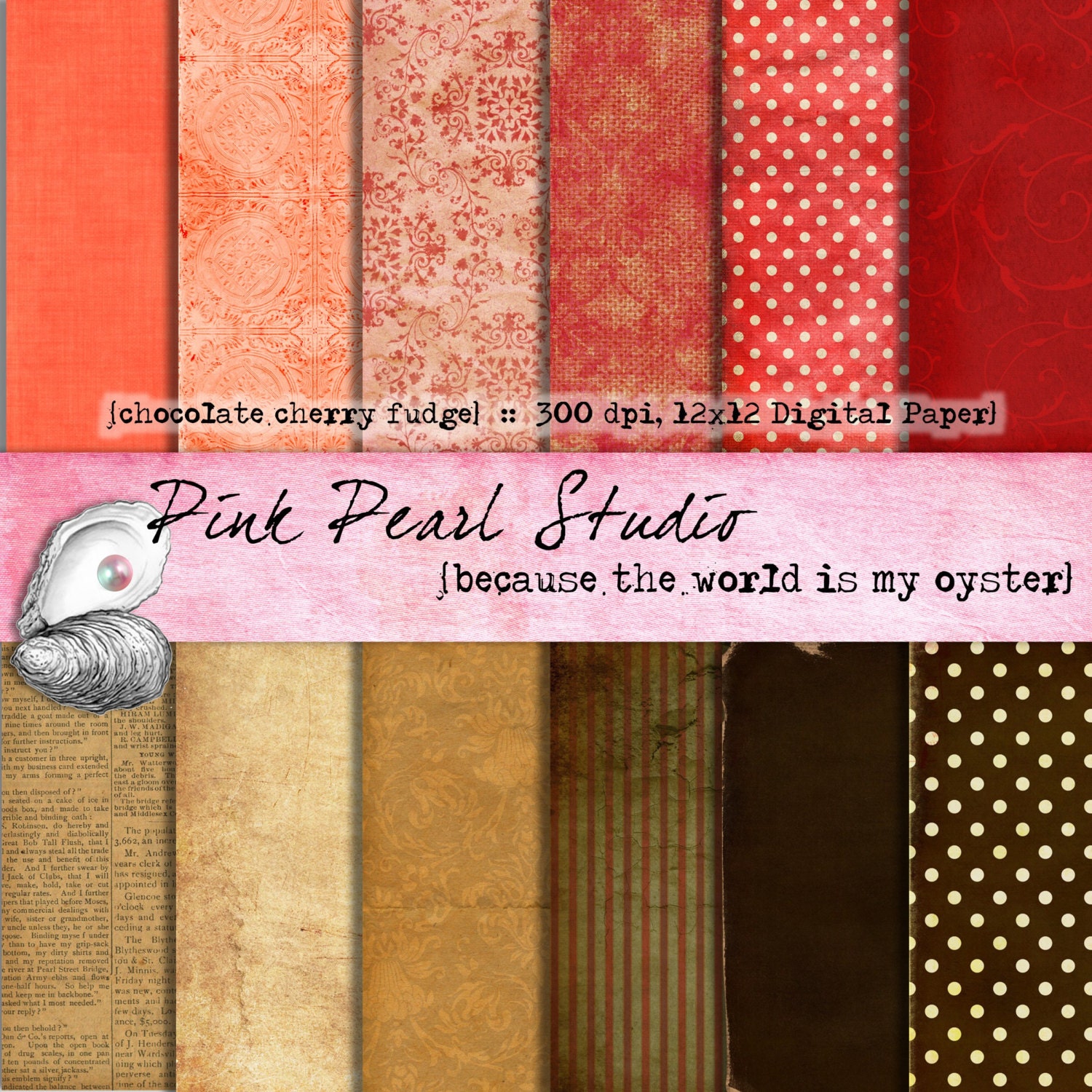 Digital Paper Pack Chocolate Cherry Fudge 12x12...Brown and Red Scrapbooking, Crafts and Cardmaking
