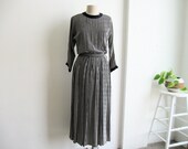 1980s Silk Calvin Klein Dress. Navy and White Stripes. Edwardian Revival.