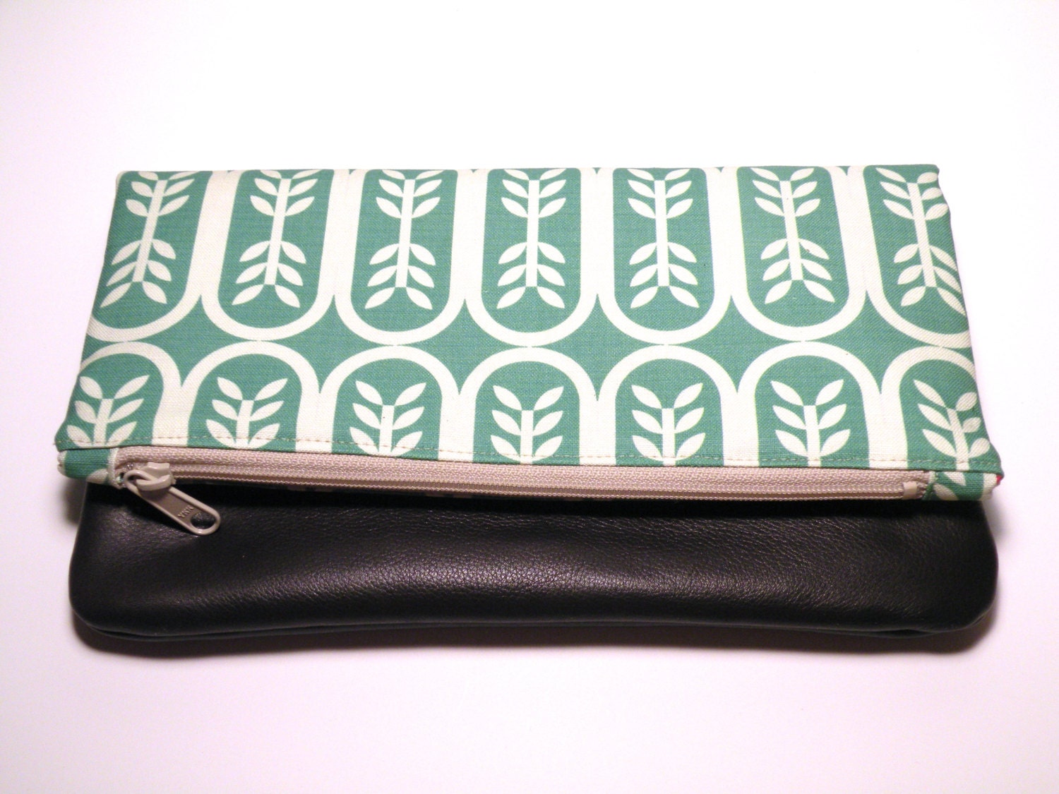 Foldover Clutch in Emerald Green and White Pea Shoots