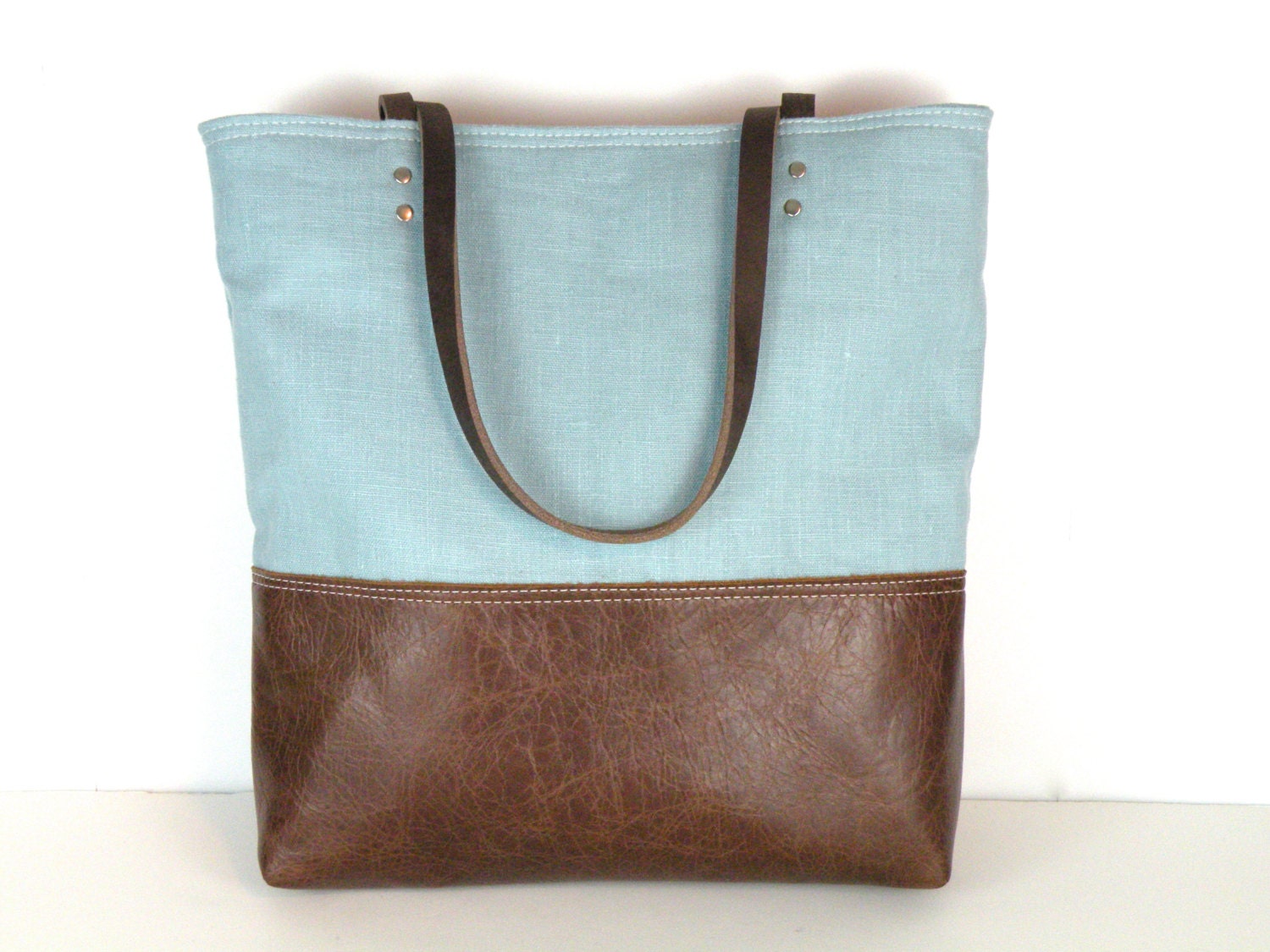 Urban Tote in Seafoam Blue Linen and distressed leather
