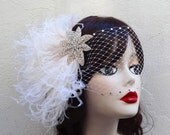 Ivory White Beaded Star, Head Piece, Feather Fascinator, Removable Veil, Crystal, Unique Bridal, Batcakes Couture
