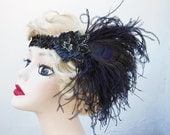 Gatsby Headband, Flapper Head Piece,  Peacock Feather Fascinator, Black Beaded, Costume Headdress, Halloween,  Batcakes Couture