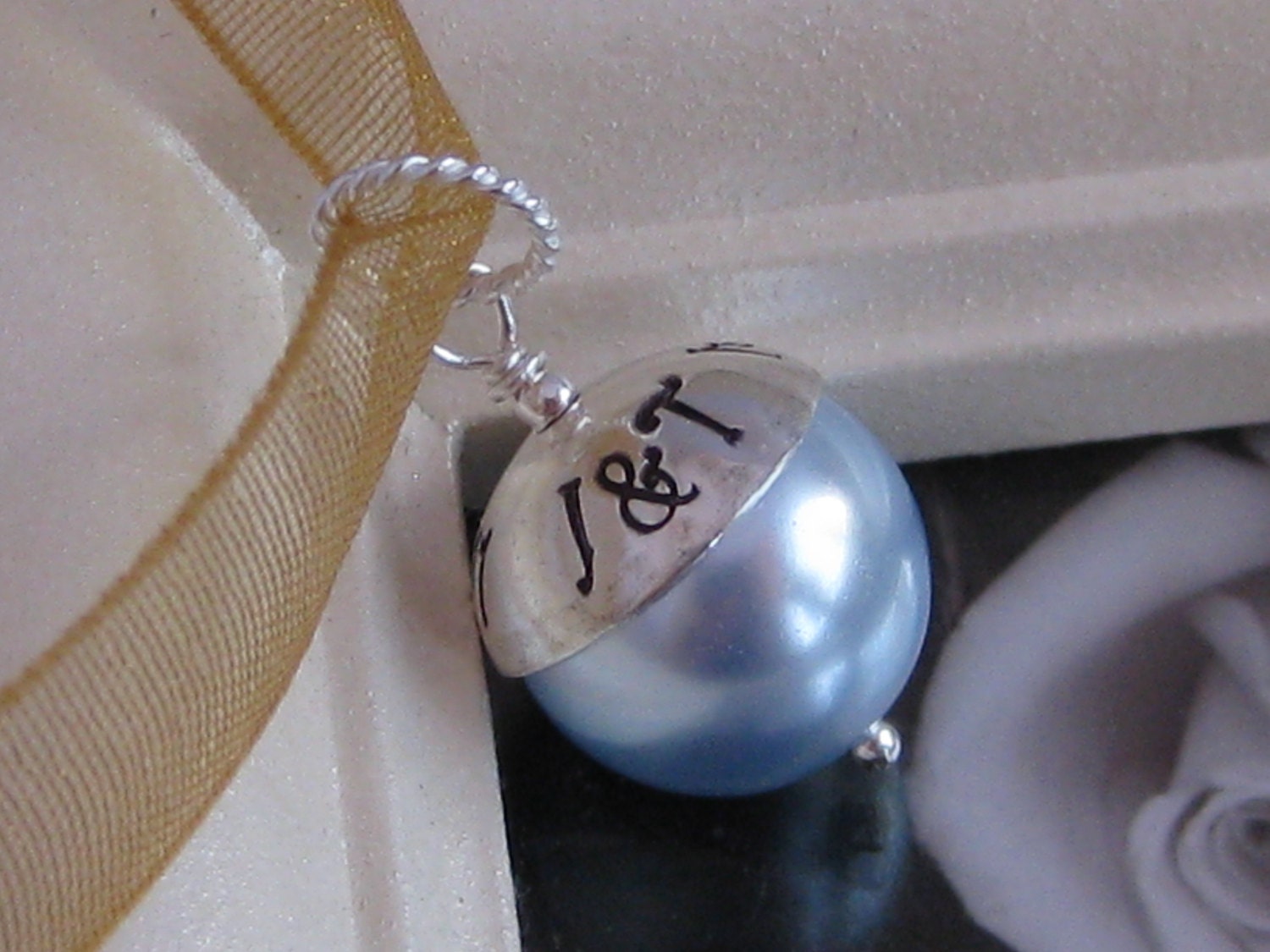 SOMETHING BLUE- Hand stamped wedding, bouquet charm, fits large hole charm bracelets