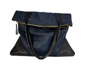 Large leather and denim tote
