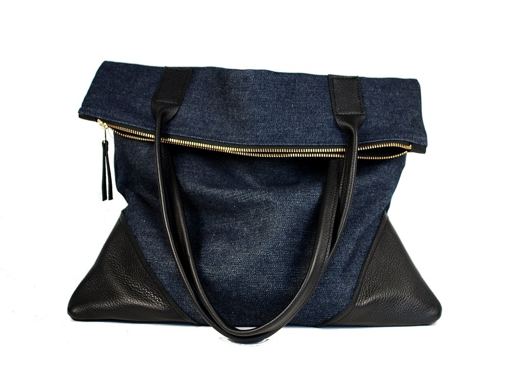 Large leather and denim tote