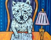 West Highland White Terrier Reading a Book Dog Art Print 8x10 JSCHMETZ modern folk library