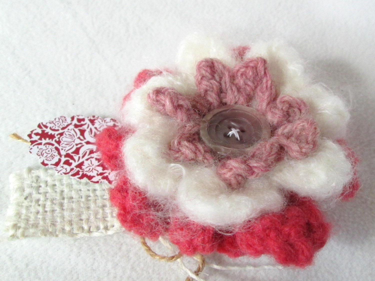 Coral Three Layer Crocheted Flower Brooch Mothers Day