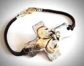 NEW - Chunky Sideways Cross and Fleur de Lis on Leather bracelet