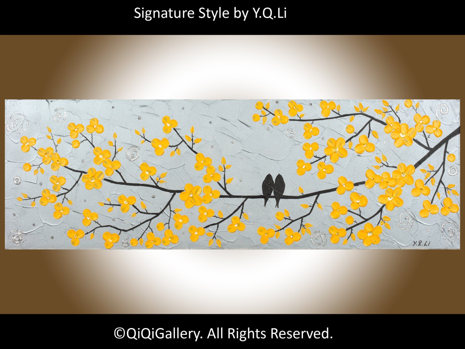 Original Painting Heavy Texture Palette Knife Love Birds weeding gift Tree Flower Wall Décor "Never Alone II" by QIQIGALLERY