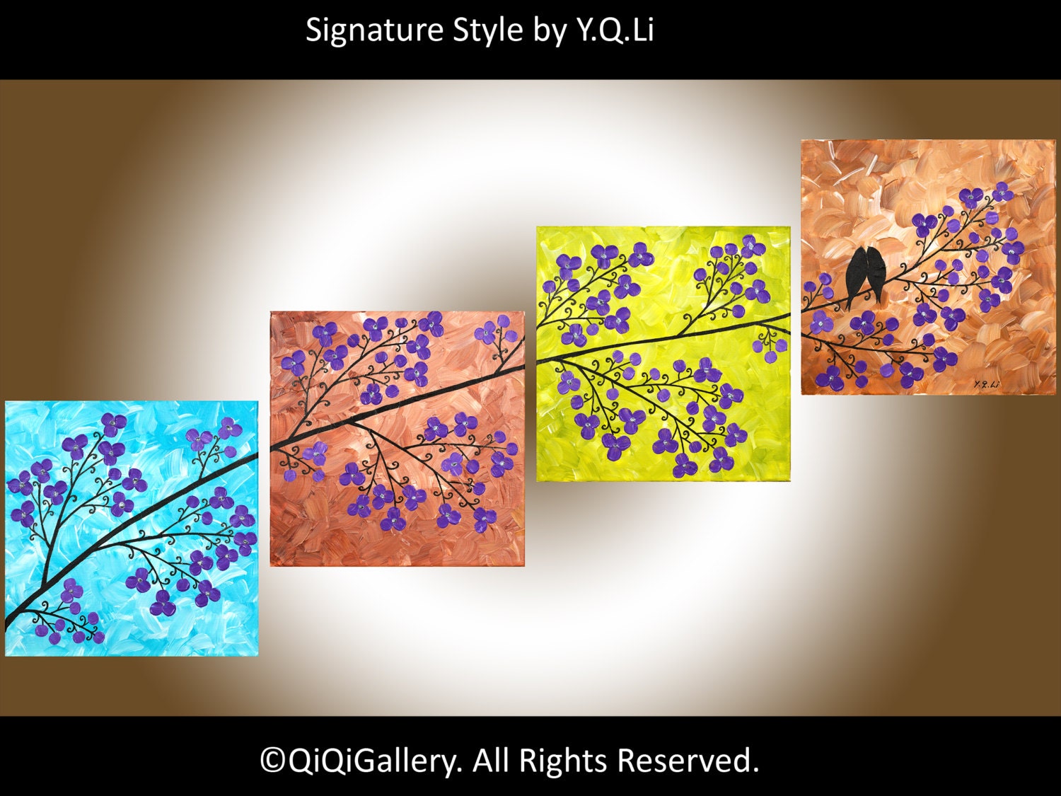Original contemporary Modern Heavy Texture Palette Knife Tree, birds "Spring Blossom Love Birds"