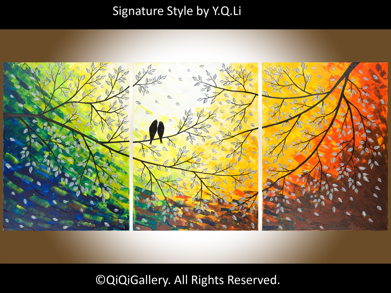 Summer Sale - Original Large Abstract Painting Landscape Painting Palette Knife Impasto Tree Painting Love Birds Painting "Twilight"