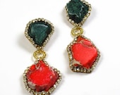 Statement Earrings Stone Chandelier Crystal Organic emerald and coral handmade statement earrings