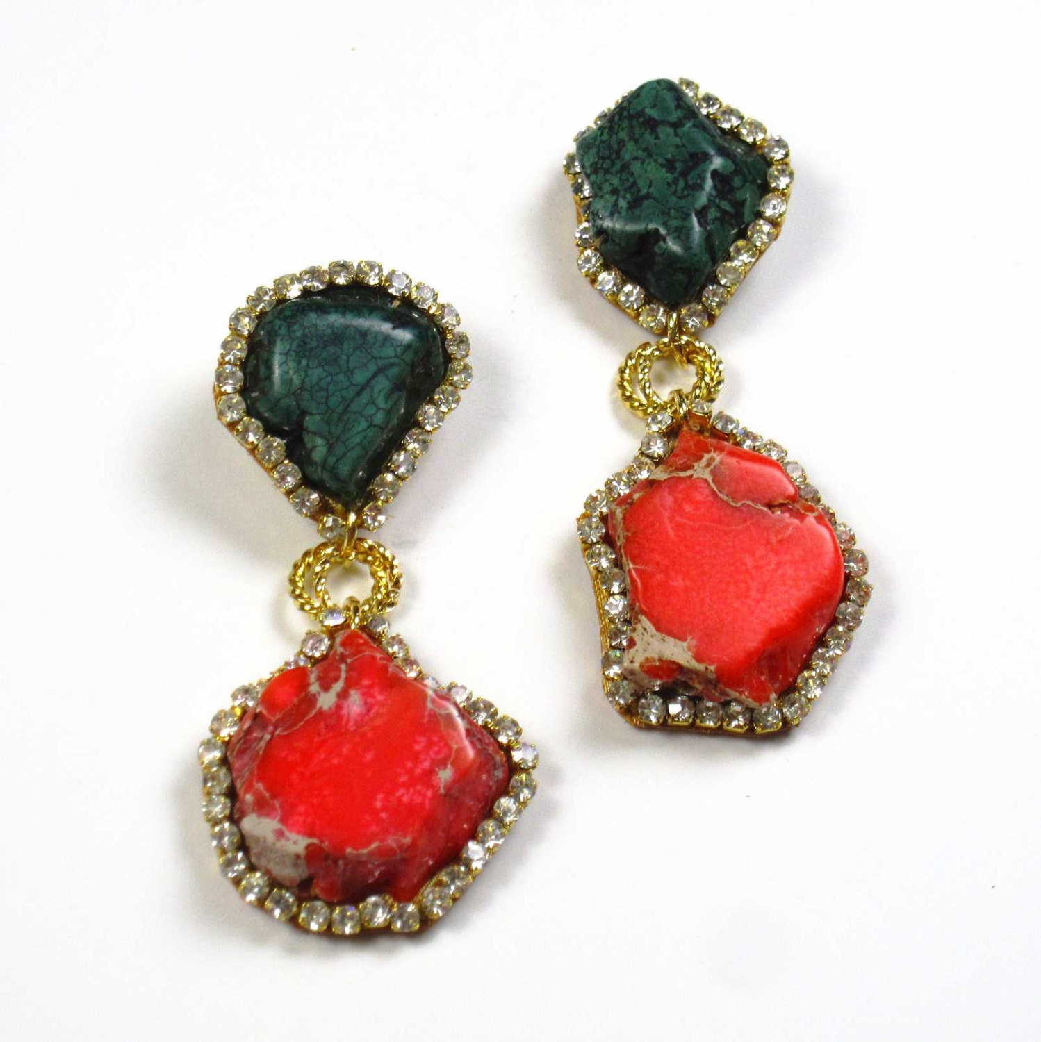 Statement Earrings Stone Chandelier Crystal Organic emerald and coral handmade statement earrings