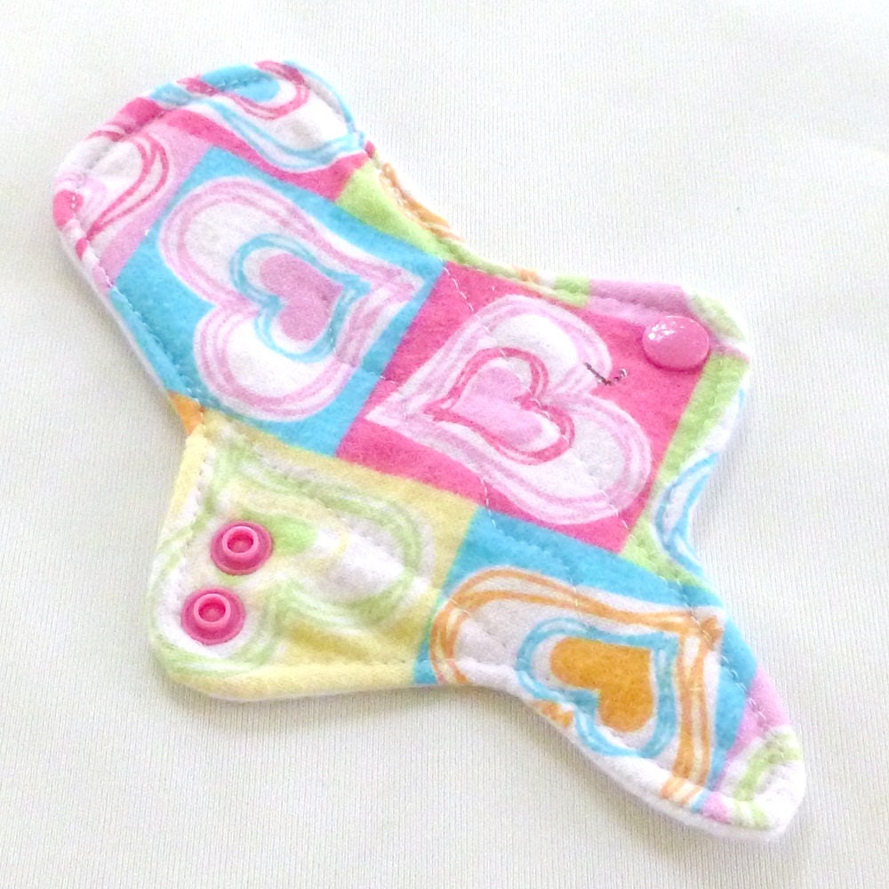 Reusable Cloth Menstrual Pad with PUL - LIGHT FLOW adjustable thong liner - Patchwork Hearts - Cotton Flannel