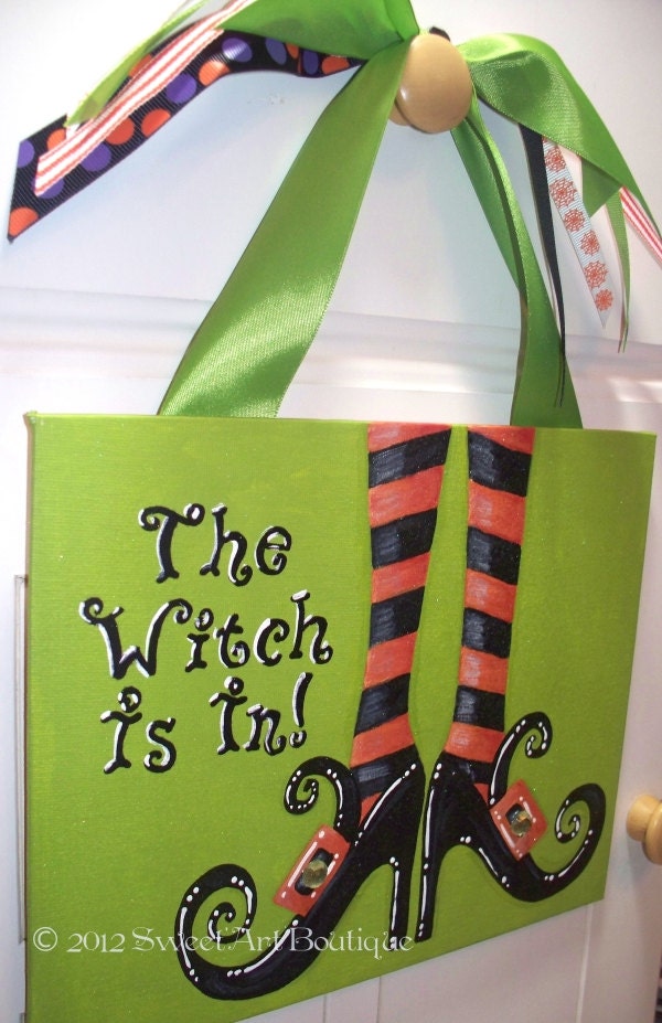 Limited Edition 2012 Personalized custom Halloween The Witch Is In welcome door sign hand painted art boots stockings orange lime black