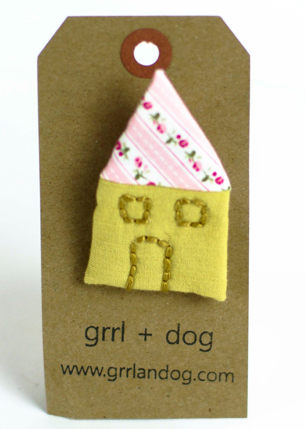 Tiny House Duplex Brooch in soft pink  and mustard - gift under20