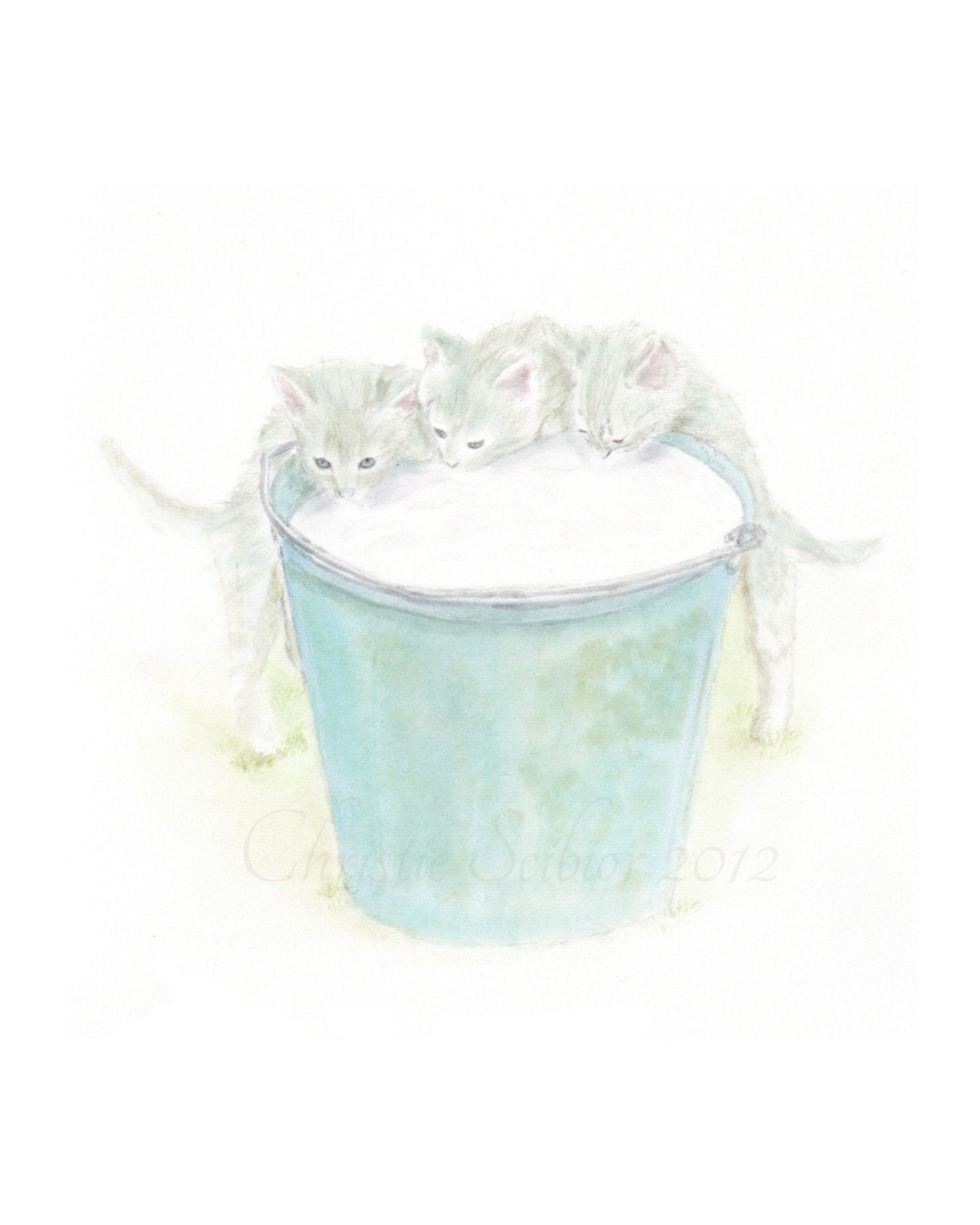 Original Watercolor Animal Painting Three Little Kittens drinking milk, storybook, cottage farmhouse chic shabby kitty cat scene