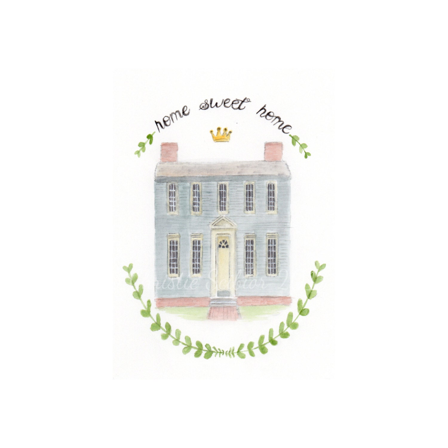 8x10 Archival Art PRINT of Watercolor painting Country Colonial Farmhouse Home Sweet Home typography sign hand lettered