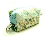 Small Zipper Box Pouch Project or Travel Case Brown and Light Blue Quilted Patchwork