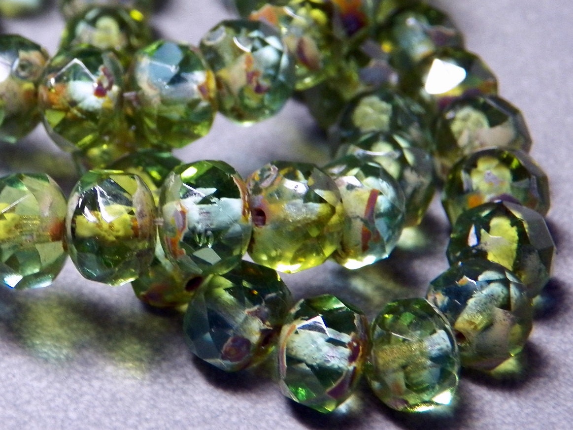 Czech Peridot & Aqua with Picasso 8x6mm Faceted Fire Polished Glass Rondelle Beads (25)